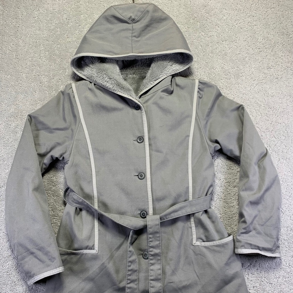Vintage Bonders Womens Trench Coat S/M? Grey‎ Hooded Buttons Belted Fleece Lined